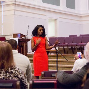 Our founder Kahlida speaking about racial reconciliation at a church-hosted event.