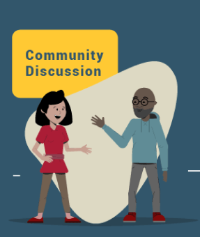 "Community Discussion" text and two people of different races smiling while talking.