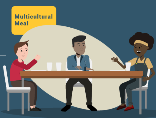 "Multicultural Meal" text and three people of different races talking while sharing a meal.