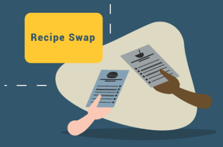 "Recipe Swap" text and two people of different races swapping recipes.